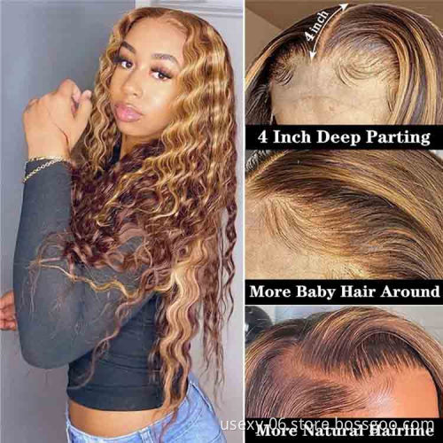 Pineapple wig products coloured human hair wigs design honey blonde highlighted human hair full lace hd deep wave frontal wigs